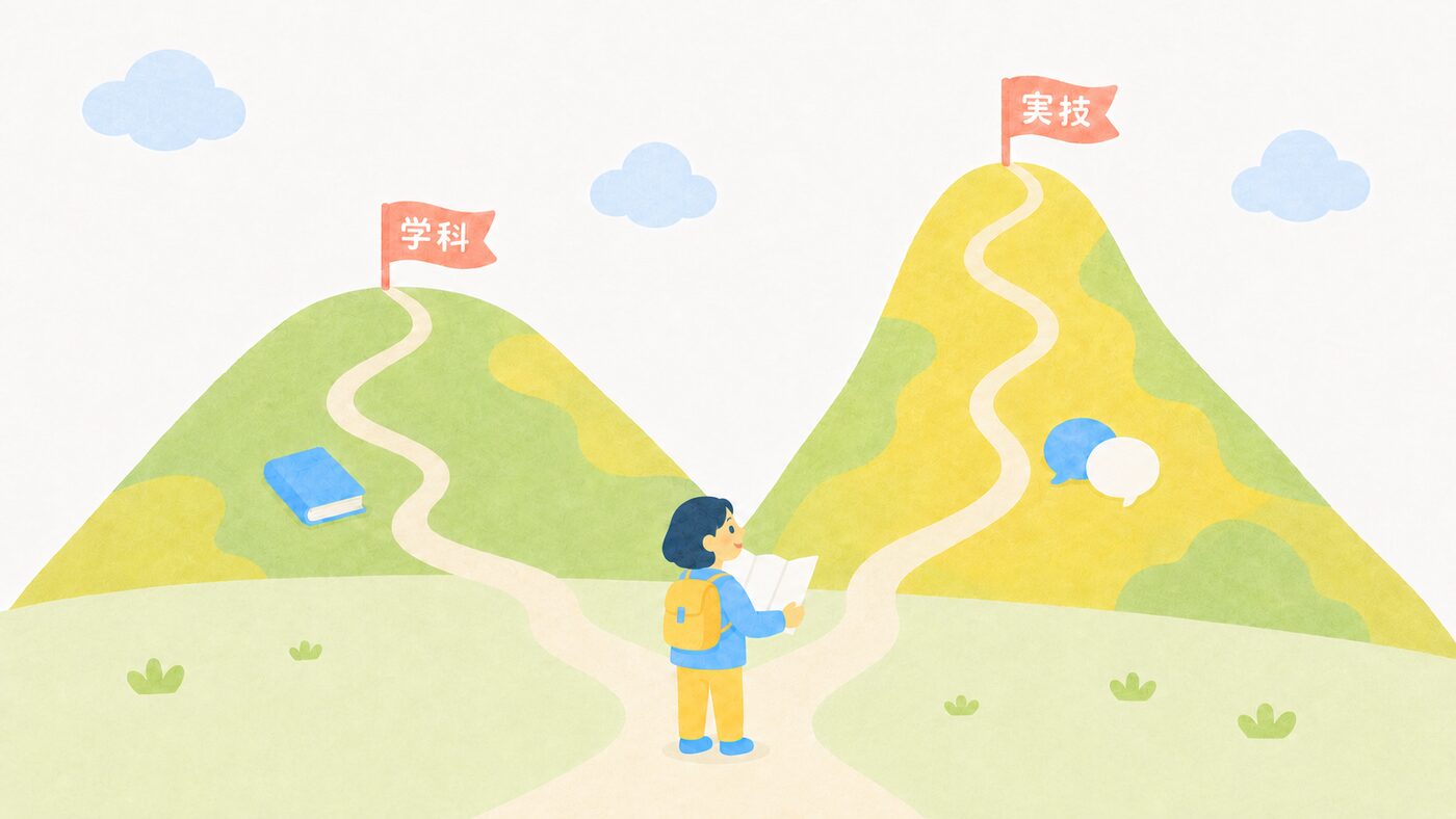 学科の山と実技の山。ふもとで地図を見る受験生のイラスト