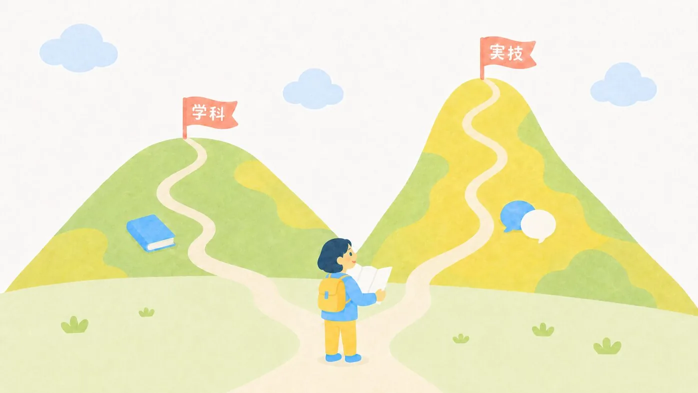 学科の山と実技の山。ふもとで地図を見る受験生のイラスト